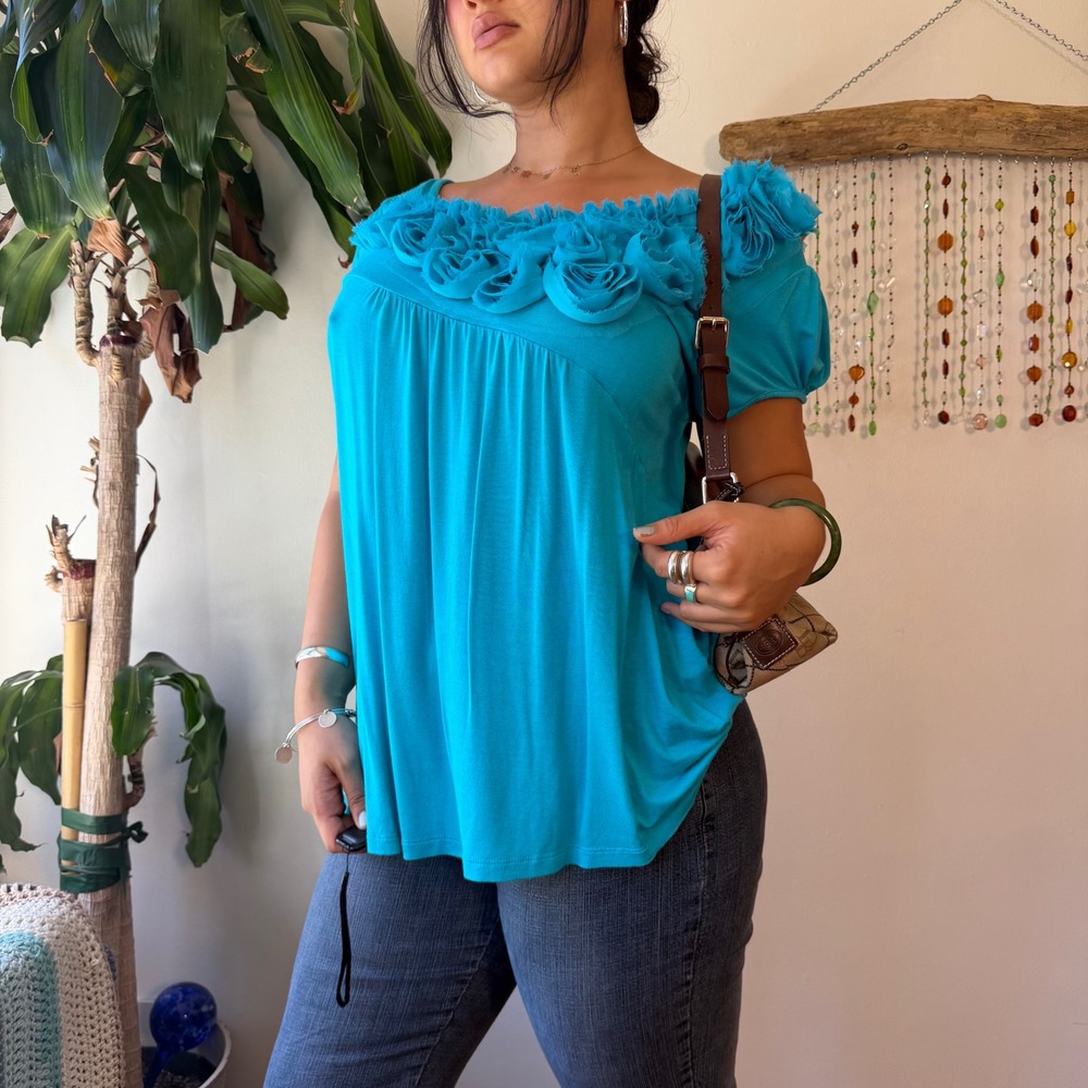 Midnight Velvet Teal 3D Rosette Babydoll Top Y2K Boho Indie Twee Plus Size 1X